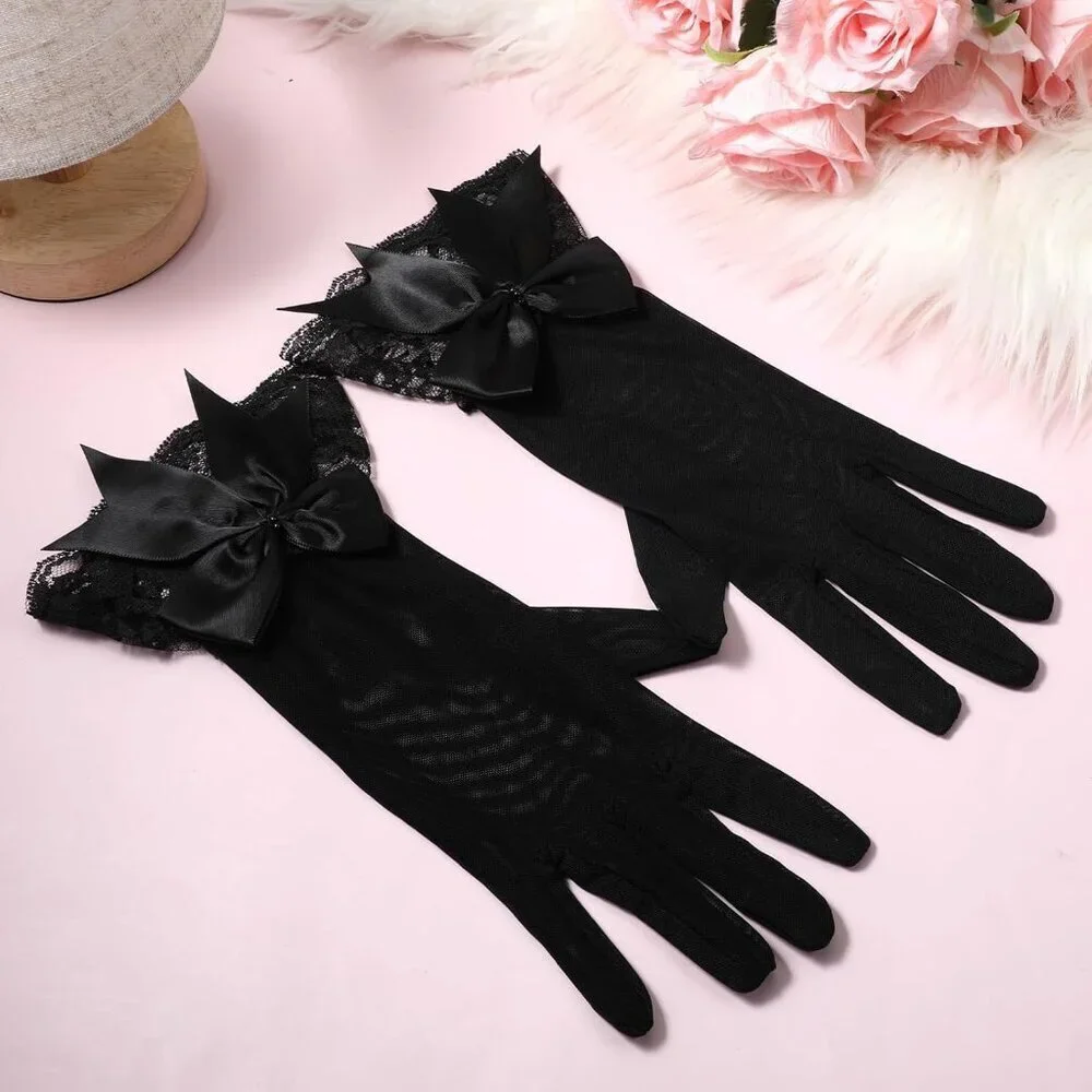 Women's Halloween Evening Black Elegant Ruffled Floral Short Bow Lace Gloves